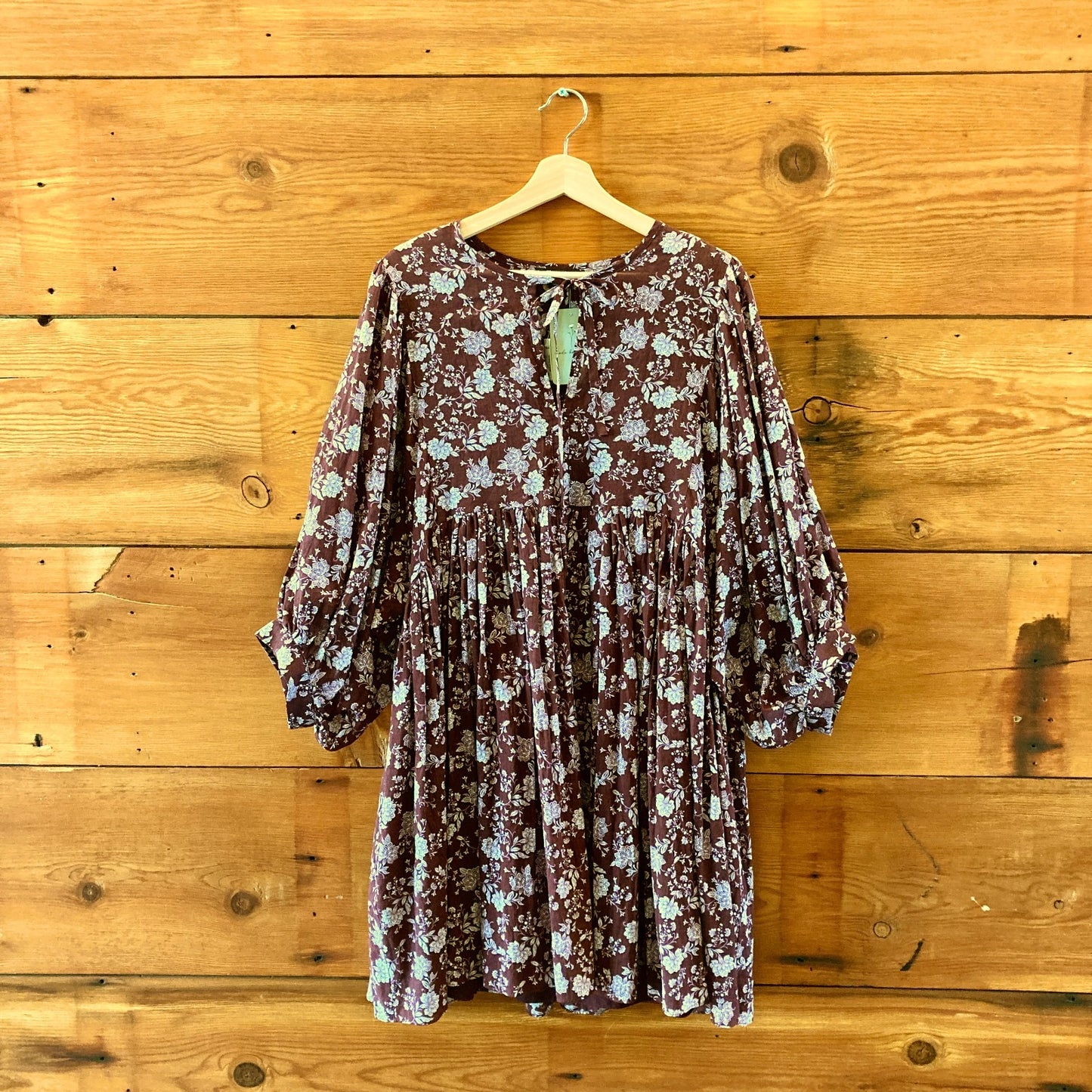 Madewell NEW Burgundy Floral Print Splitneck Puff-Sleeve Dress - Size L - 1203TR