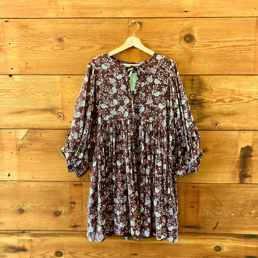 Madewell NEW Burgundy Floral Print Splitneck Puff-Sleeve Dress - Size L - 1203TR