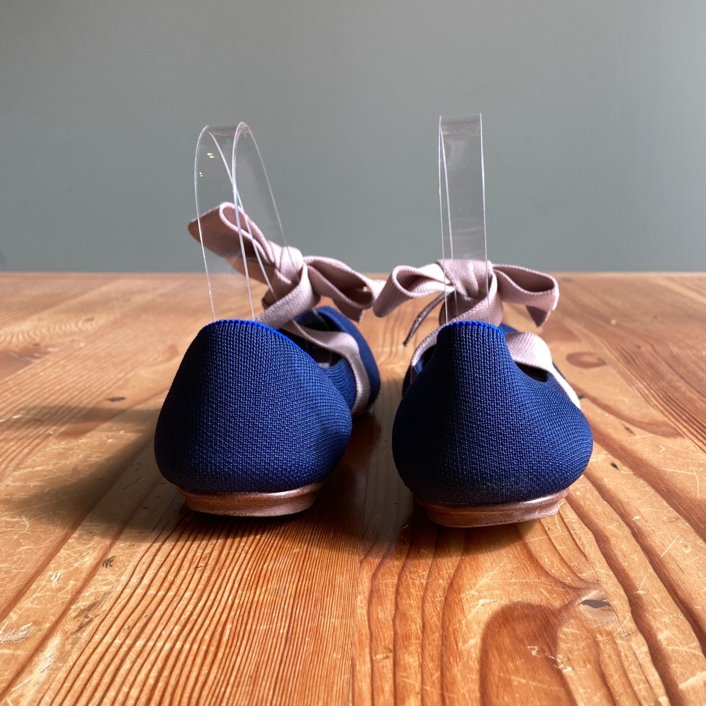 9 - Rothy's Navy Blue The Slip On Mary Jane Beige Bow Flats Shoes 0306CH