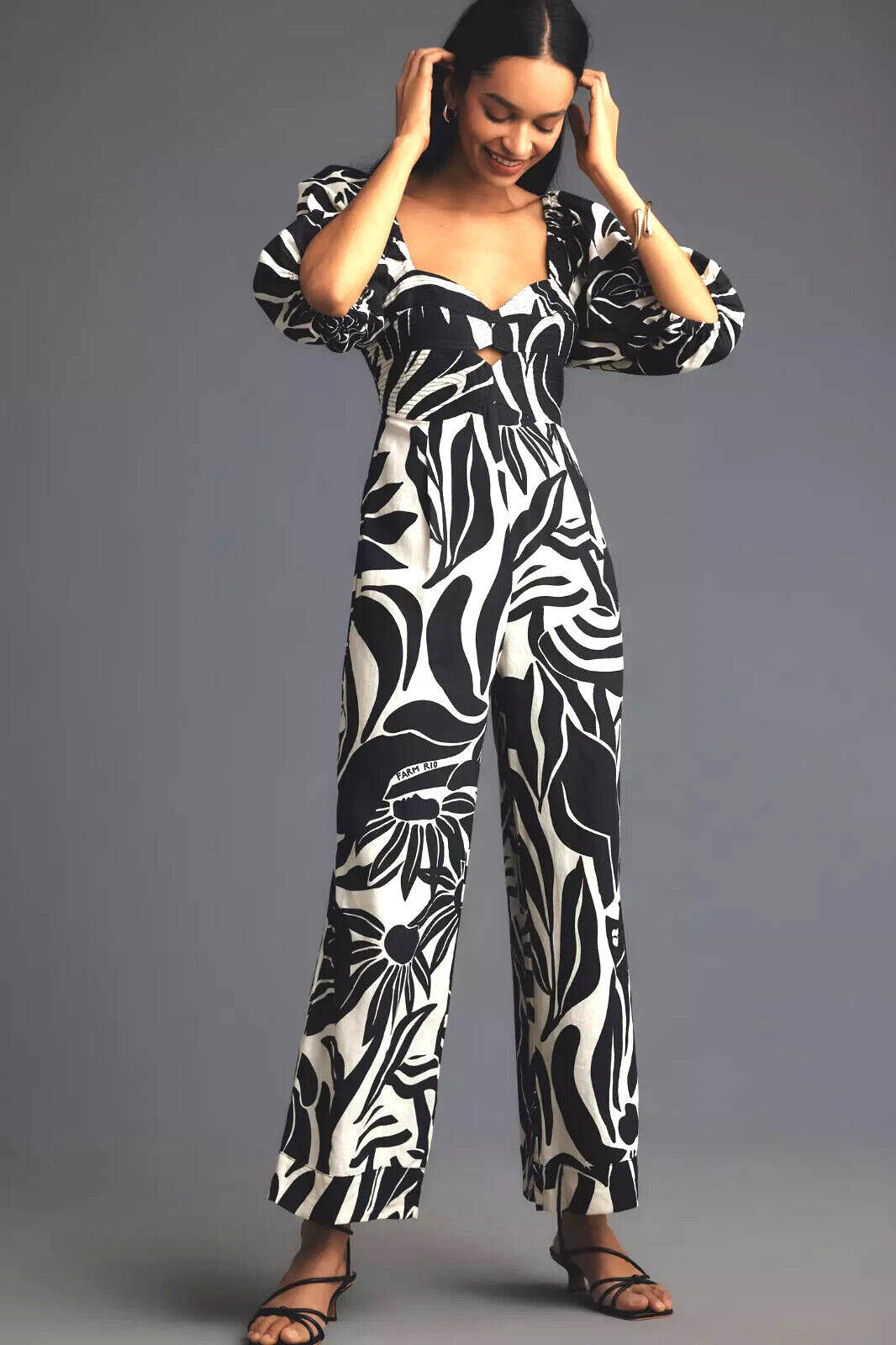 M - Farm Rio Black White Tropical Print Wide Leg Puff Sleeve Jumpsuit 1203TR