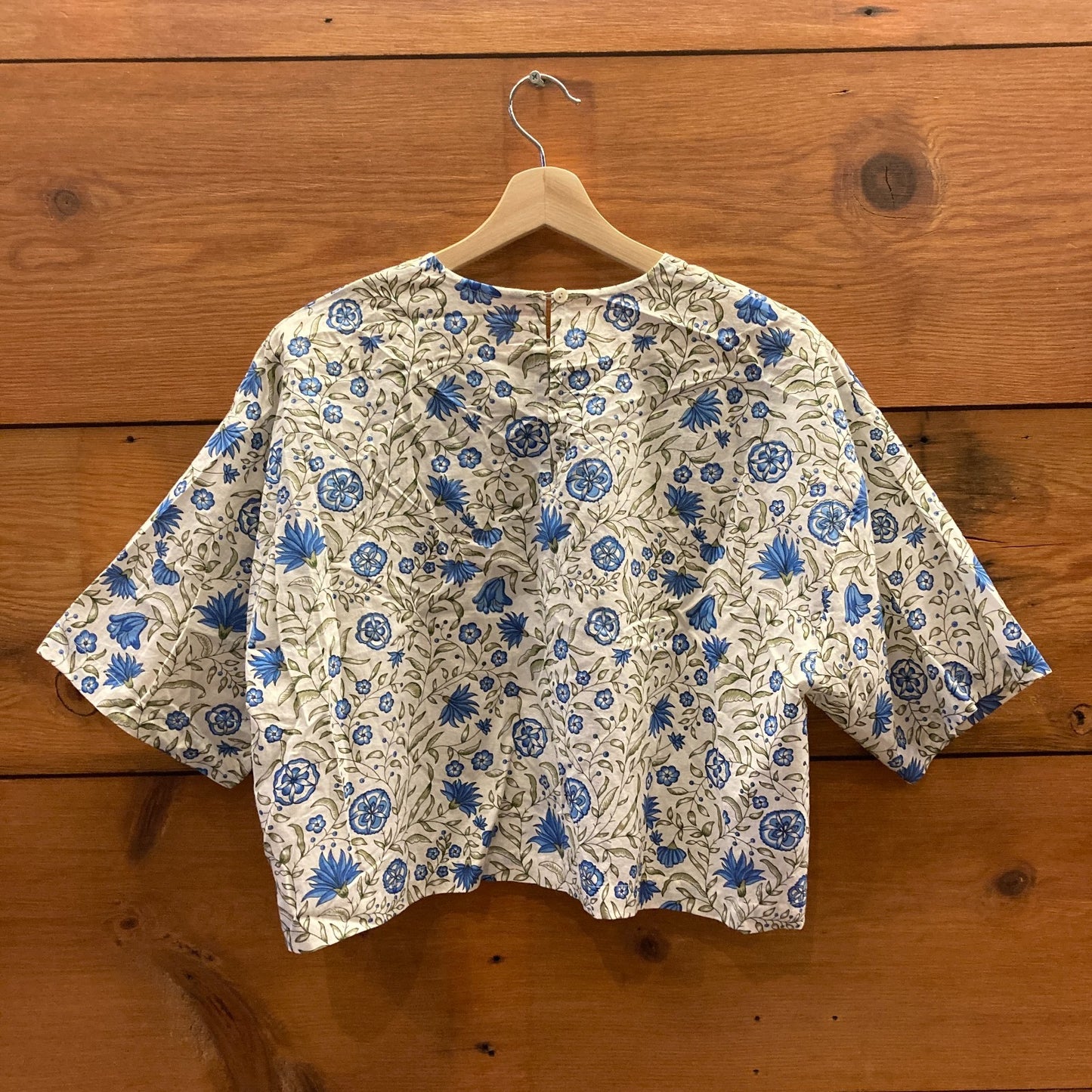 L - AISH Blue White Floral Print 100% Cotton Short Sleeve Top 0416JW