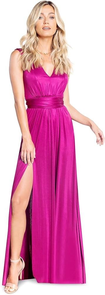 S - Dress the Population $268 Fuchsia V Neck Krista Maxi Dress NEW 0826CB