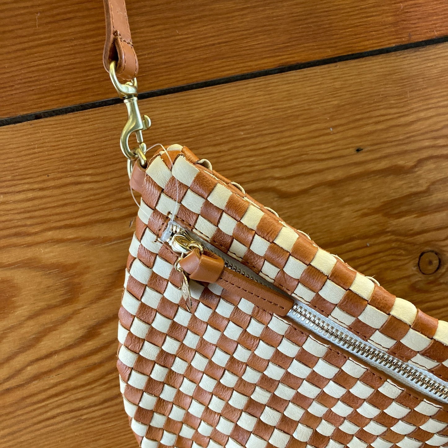 Clare V Brown & Ecru Woven Leather Checkered Grande Fanny Purse - 0120NE