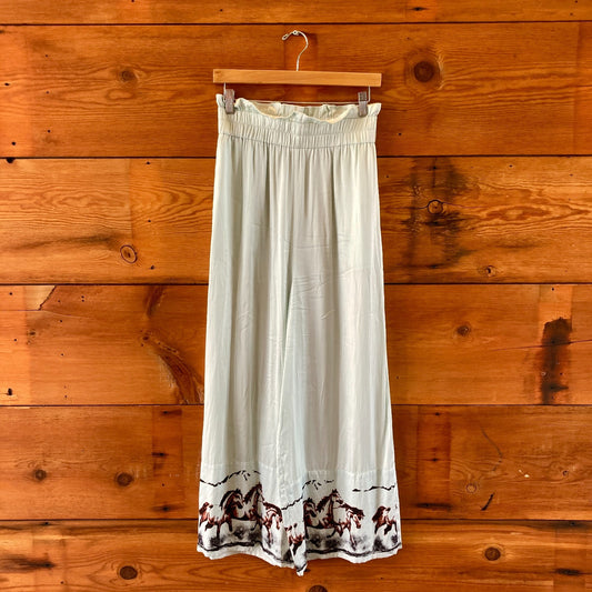 Ganni Light Blue Silk Pull On Horse Print Hem Lounge Pants - Size 36 - 0316CK