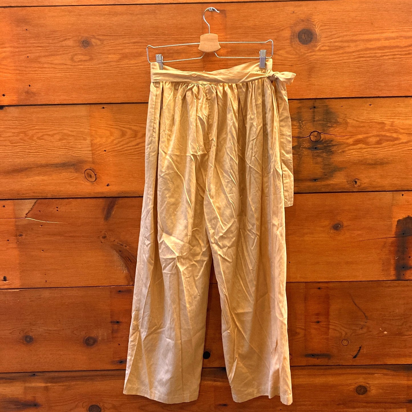 M - Black Crane Tan 100% Linen Tie Front Wide Leg Womens Pants 0416JW