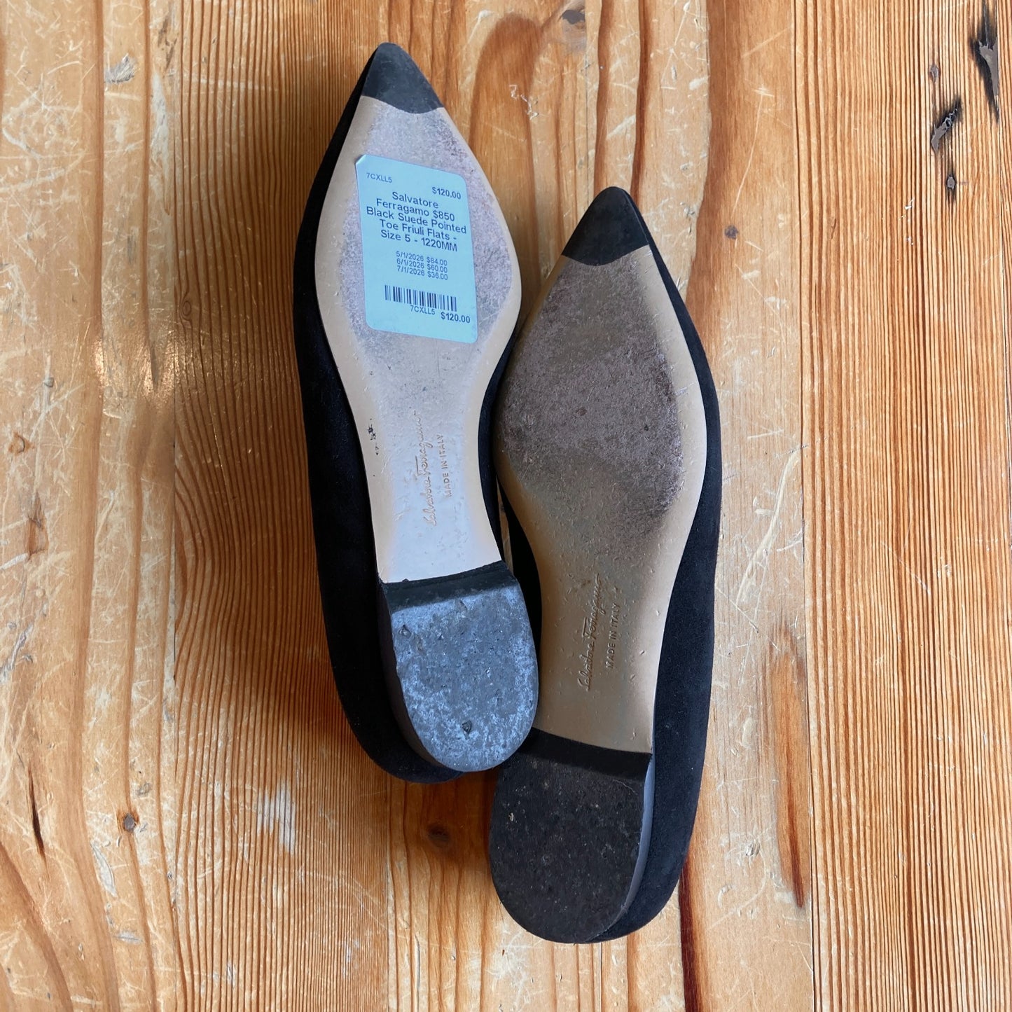 Salvatore Ferragamo $850 Black Suede Pointed Toe Friuli Flats - Size 5 - 1220MM