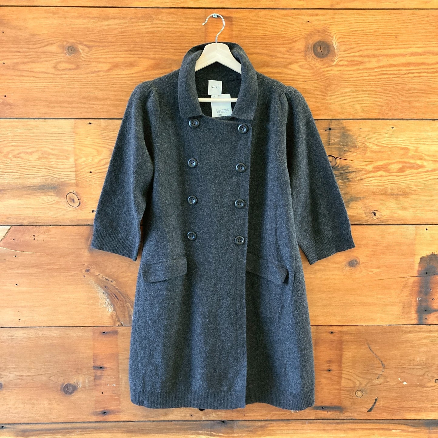 L - Maeve Dark Gray Double-Breasted NEW Merino Wool Long Cardigan Sweater 0618BS
