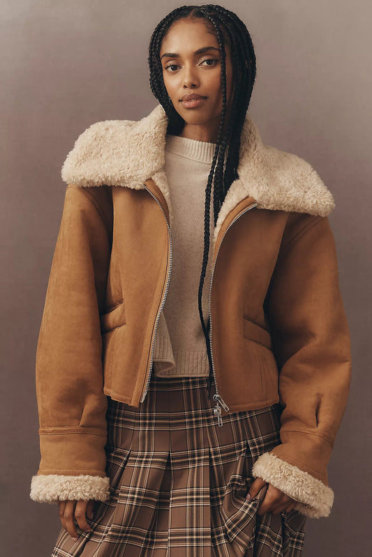 XS - Moon River Anthropologie Tan Faux-Shearling Womens Jacket 0312IG