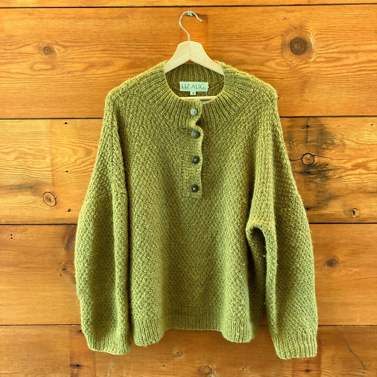 Liz Alig Green 100% Wool Handmade Button Neck Imogene Sweater - Size S - 0606RO
