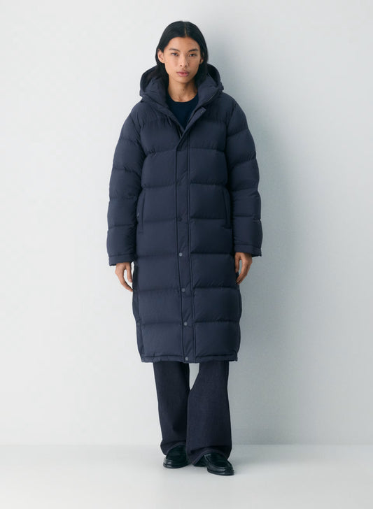 XS - TNA Aritzia Navy Blue Super Puff Long 700 Down Hooded Puffer Jacket 0518AF