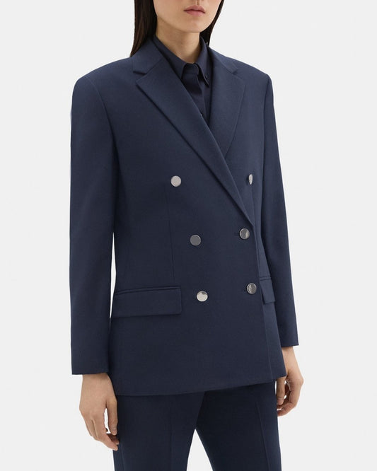 Theory $545 Navy Blue Oxford Wool Boxy Double Breasted Blazer - Size 4 - 1125KG
