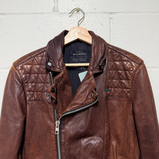 AllSaints Brown Leather Conroy Biker Zip Moto Jacket - Size XS - 0812AL