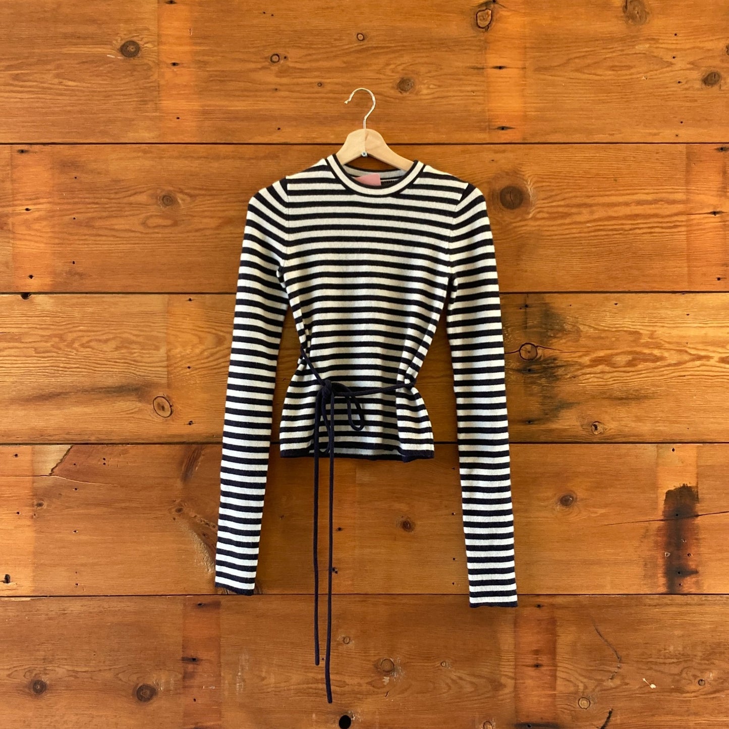 S - Extreme Cashmere Navy White Breton Striped 202 Minus Sweater 0416JW