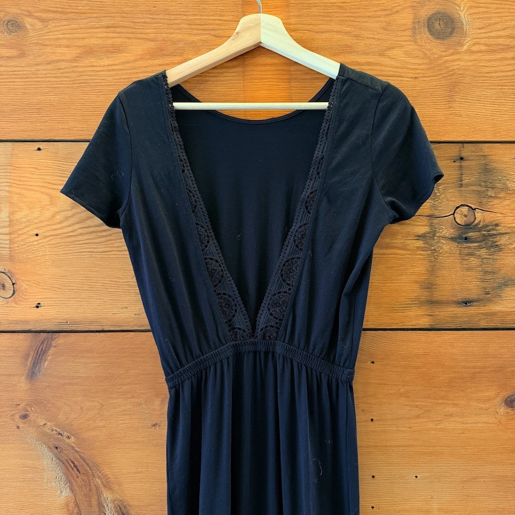 Sezane Black Short Sleeve Low Back Lucille Slit Maxi Dress - Size XS - 0312IG