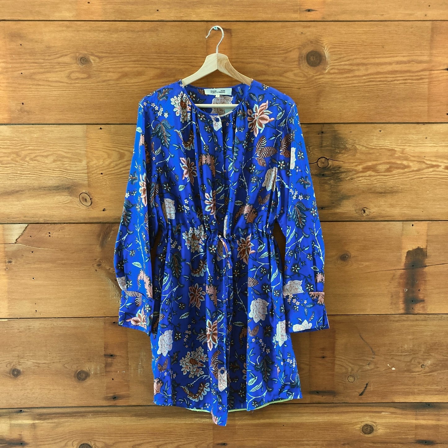 Diane von Furstenberg Navy Floral Silk Long Sleeve Wrap Dress - Size 10 - 0417DL