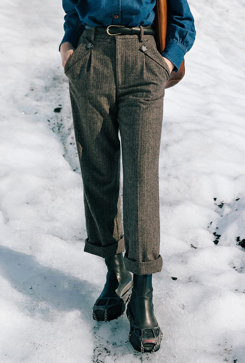 Petite Studio NYC X SuggyL Brown Herringbone Reign Wool Pants - Size XS - 0312IG