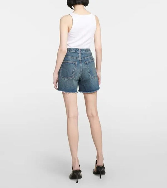 Nili Lotan Denim Yoann Medium Wash Frayed Hem Jean Shorts - Size 27 - 0209SB