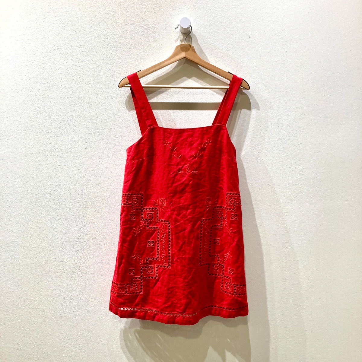 Sezane Red Linen Embroidered Square Neck Victoire Dress - Size XS - 0312IG