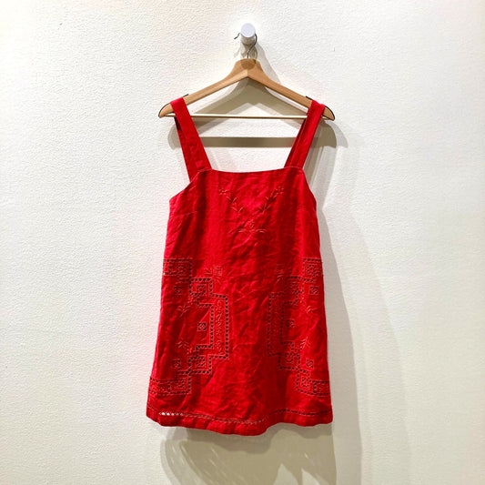 Sezane Red Linen Embroidered Square Neck Victoire Dress - Size XS - 0312IG