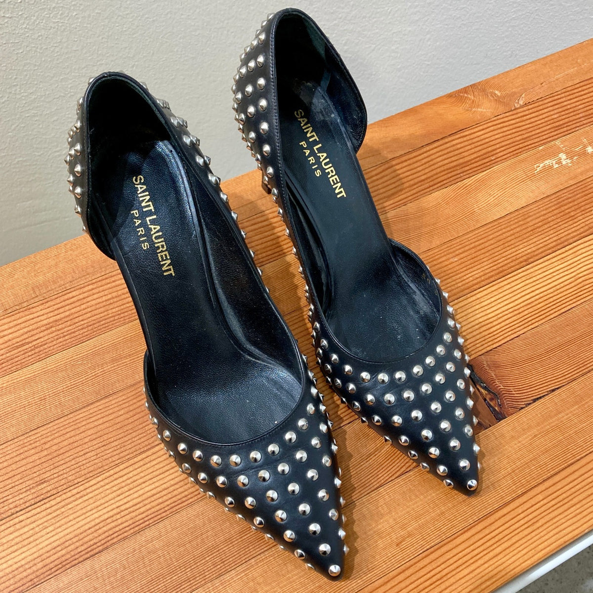 Saint Laurent Black Paris 105 Studded D'Orsay Heels - Size 38 / 7.5 - 0907LR