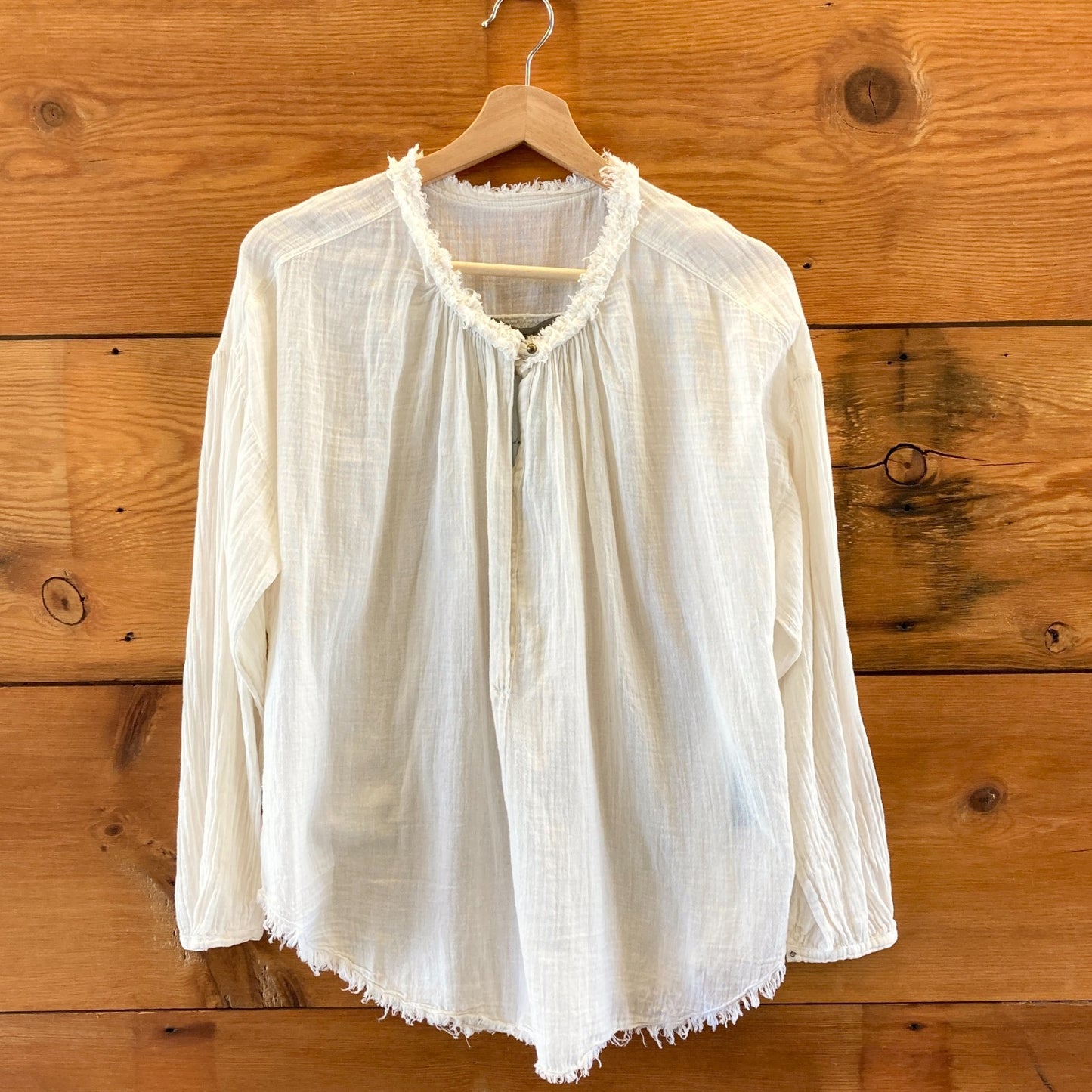 Raquel Allegra Ecru White Gauze Cotton Frayed Trim Top - Size 0 / XS - 4427SC