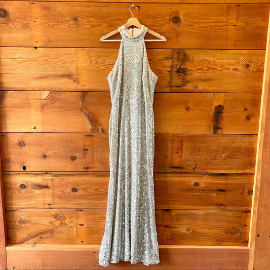 12 - BHLDN Anthropologie Silver Sequin Full Length High Neck Gown Dress 0214SD