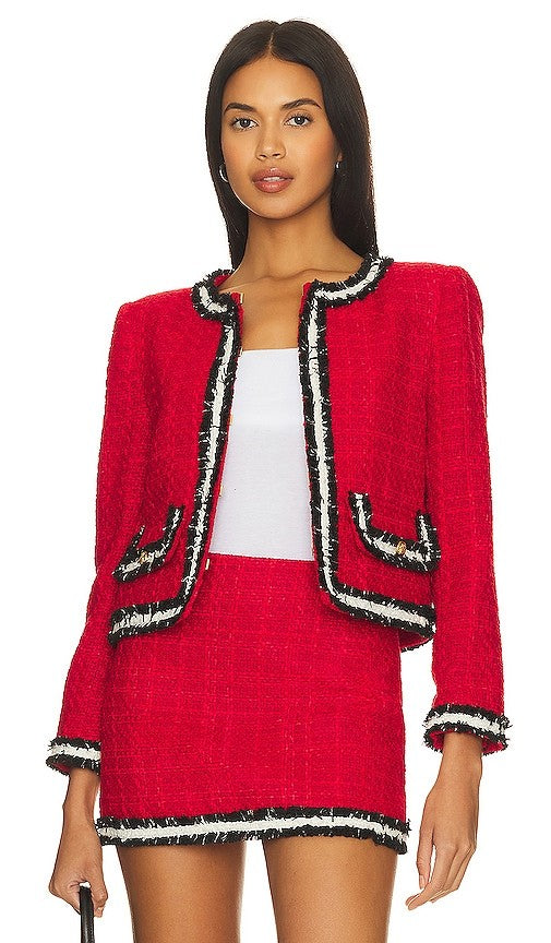 Alice + Olivia Ruby Red Landon Cropped Tweed Jacket - Size M - 1029SB