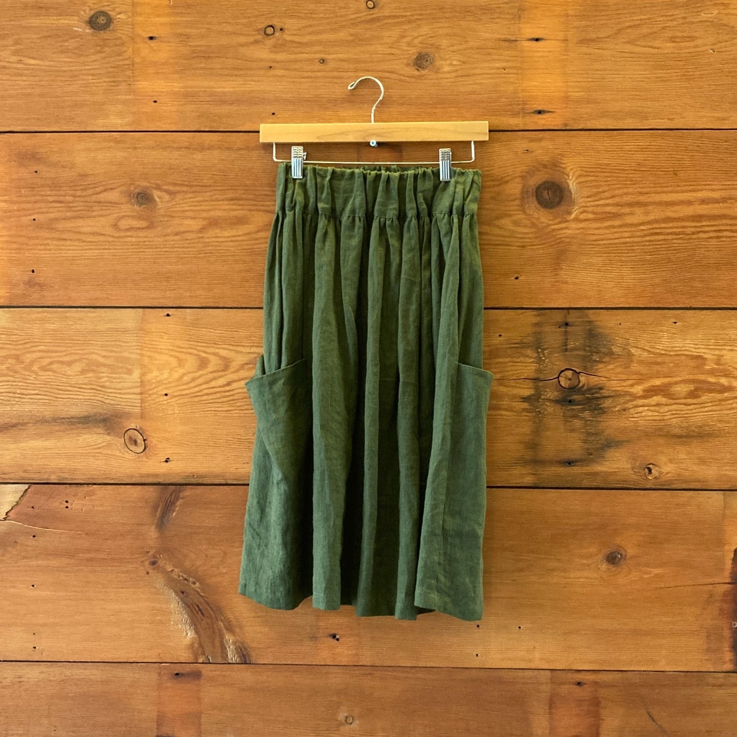 XS - Sand Snow Green 100% Linen Elastic Waist Lagenlook Skirt 0818LS
