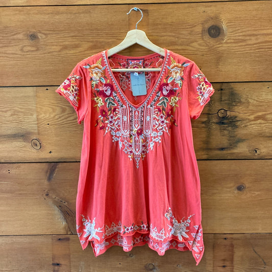 Johnny Was JWLA Coral Pink Embroidered V-Neck Shirt - Size S - 0423MR