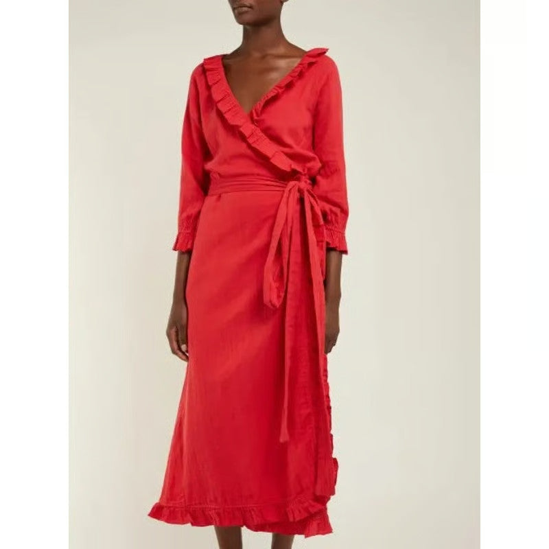 Rhode Resort $199 Red Ruffle Jagger Cotton Wrap Dress - Size S - 0316CK