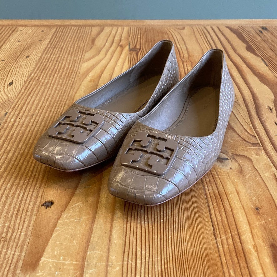 10 - Tory Burch Tan Brown Patent Leather Croc Embossed Flats Shoes 0206BS