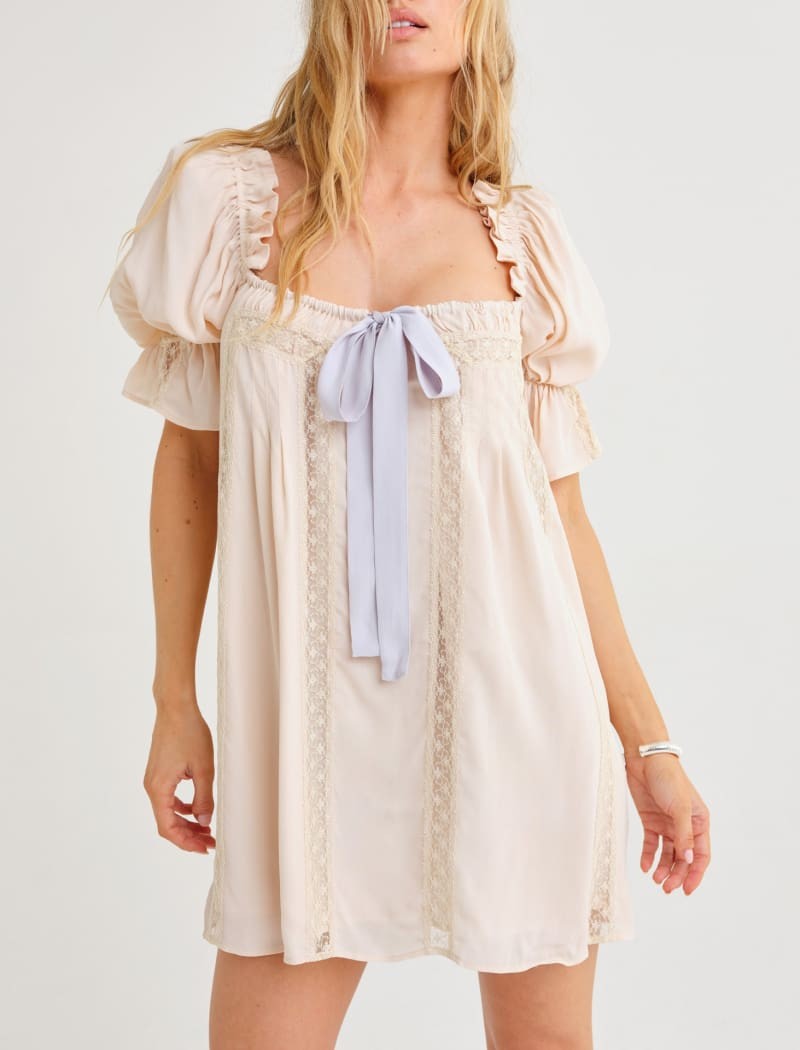 Rumored Beige Lace Detail NEW Tie Neck Heirloom Mini Dress - Size  - 0312IG