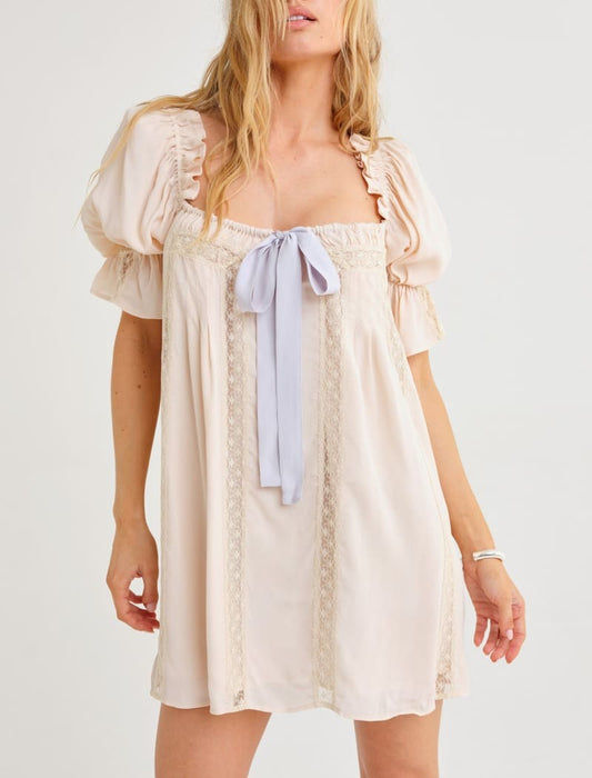 Rumored Beige Lace Detail NEW Tie Neck Heirloom Mini Dress - Size  - 0312IG