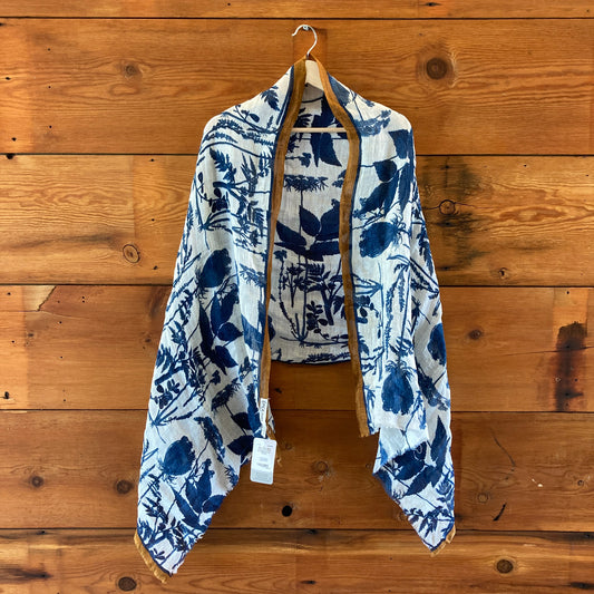 Epice Paris Blue White Floral Print Linen Blend Scarf - 4427SC