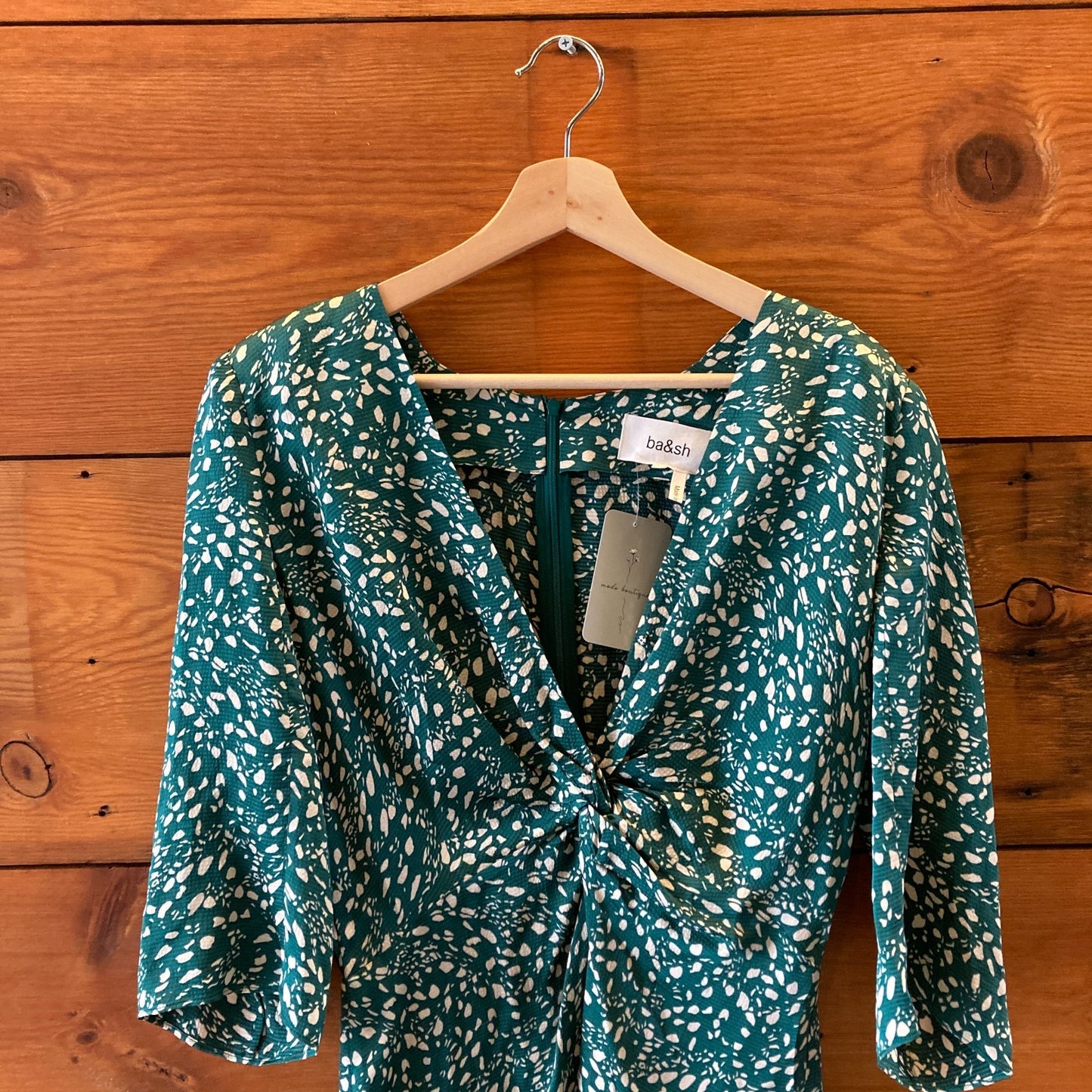 ba&sh Green White Printed Short Sleeve V-Neck Erika Mini Dress - Size M - 1114LH