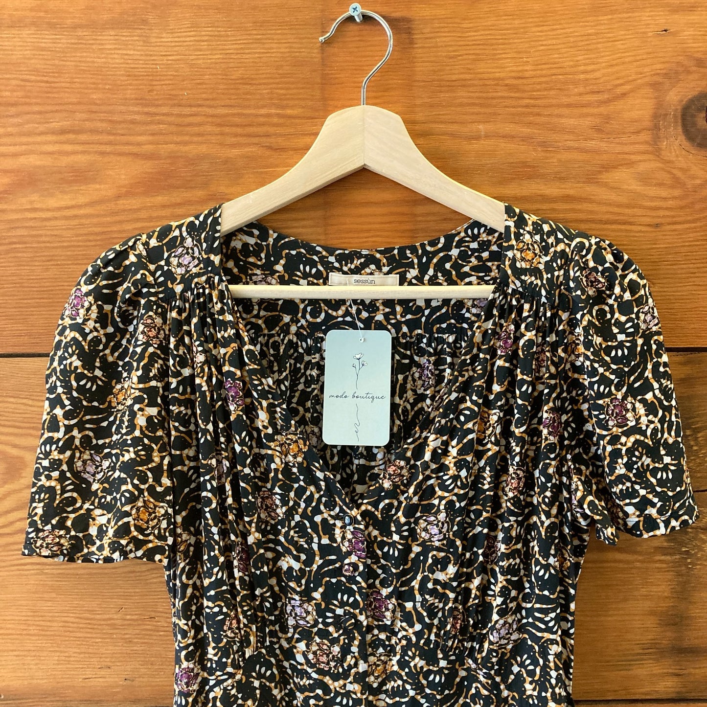Sessun Black Brown Floy Joy Print Claudia Short Sleeve Dress - Size S - 0813CP