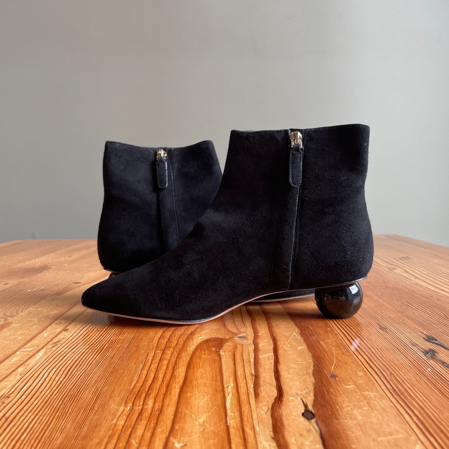 9.5 - Kate Spade Black Suede Sydney Pointed Toe Unique Heel Ankle Booties 1203TR
