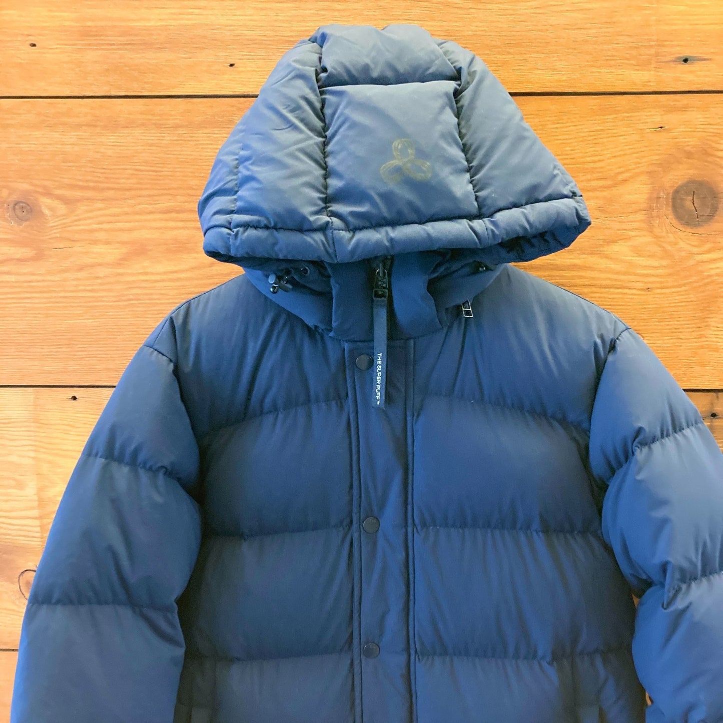 XS - TNA Aritzia Navy Blue Super Puff Long 700 Down Hooded Puffer Jacket 0518AF