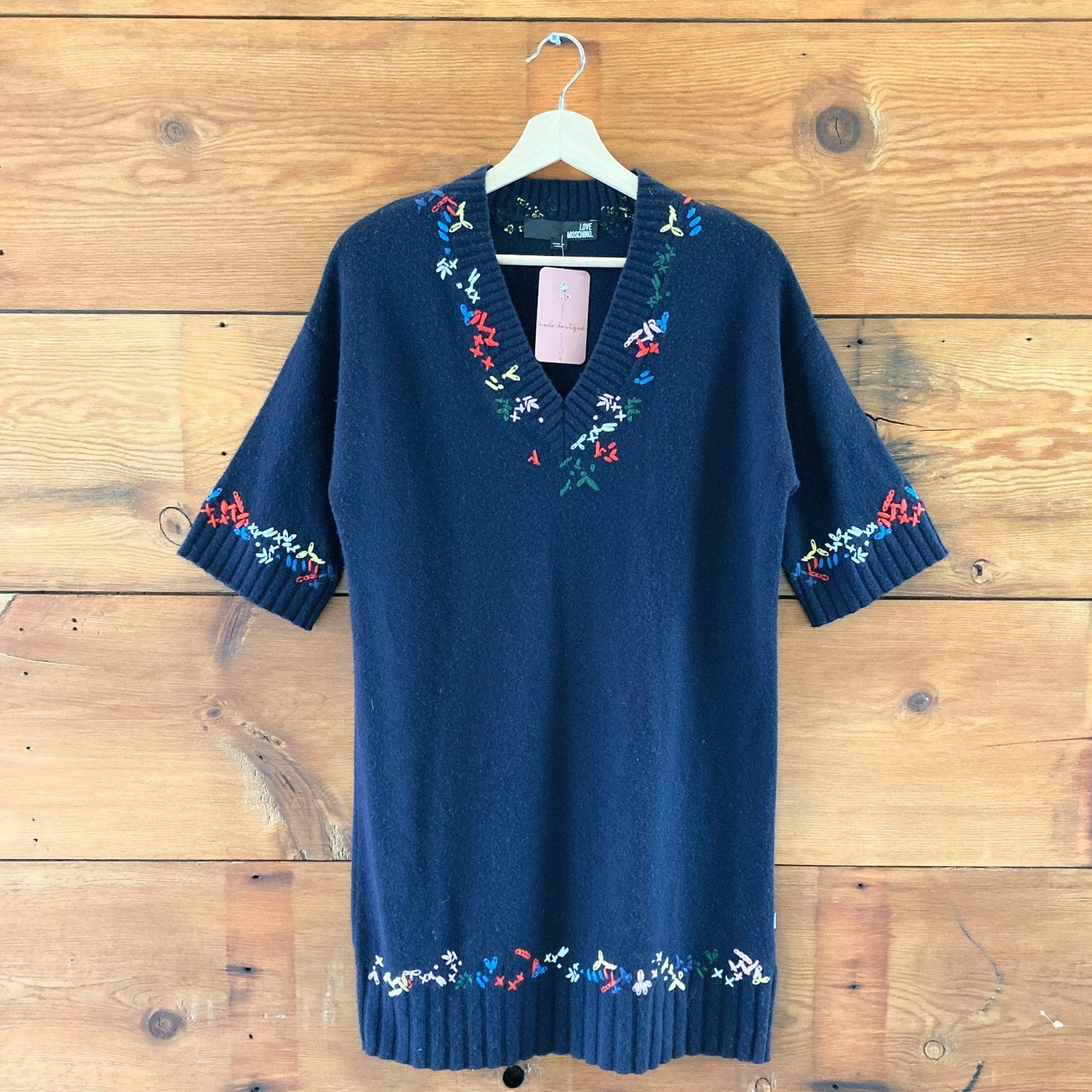 S - Love Moschino Navy Blue Wool Blend Embroidered V Neck Sweater Dress 0504AK