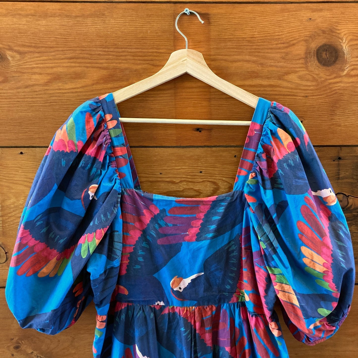 Farm Rio Blue Rainbow Macaw Print Puff Sleeve Mini Dress - Size XL - 0218NM