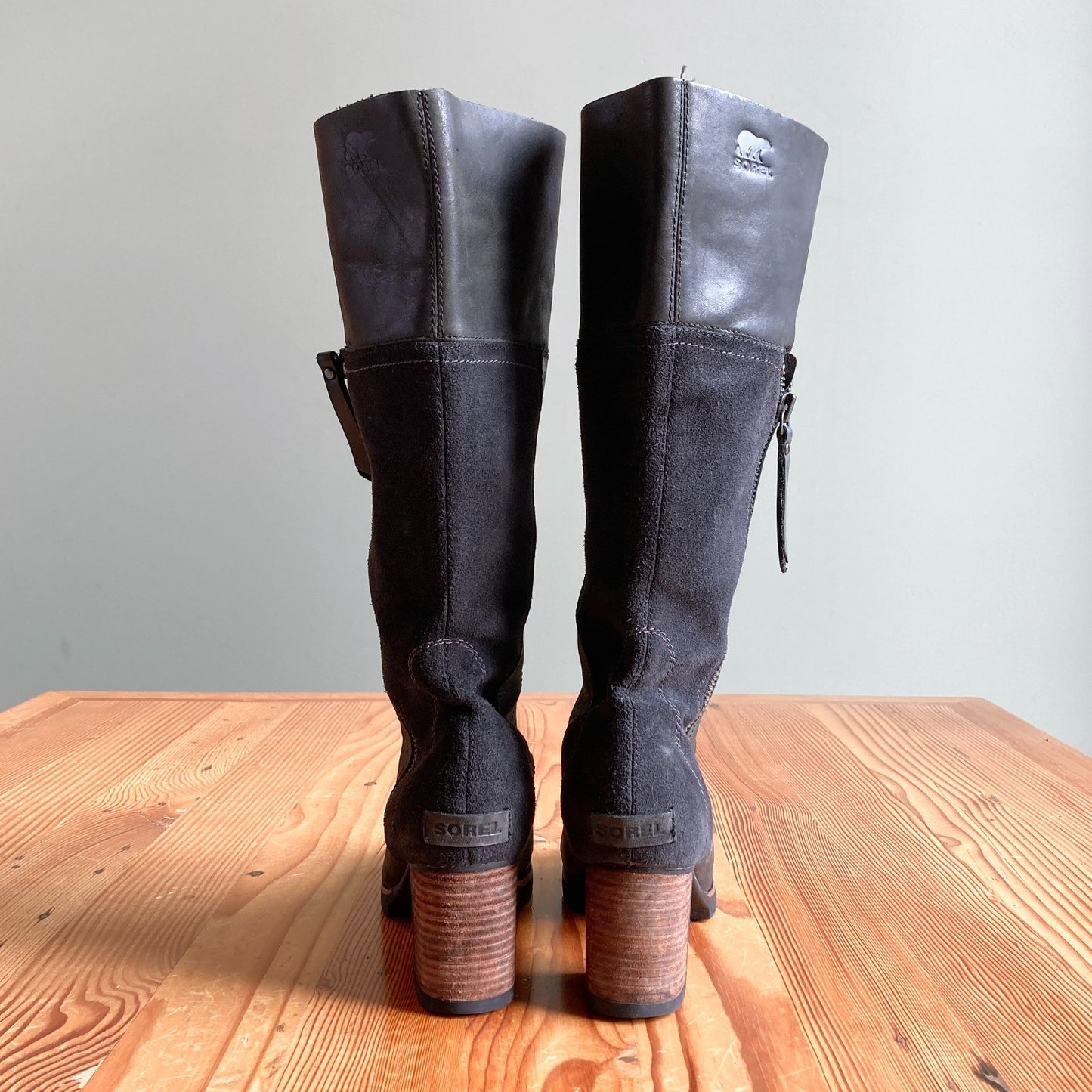 8.5 - Sorel Black Leather Suede Waterproof Addington Tall Heeled Boots 0830QL