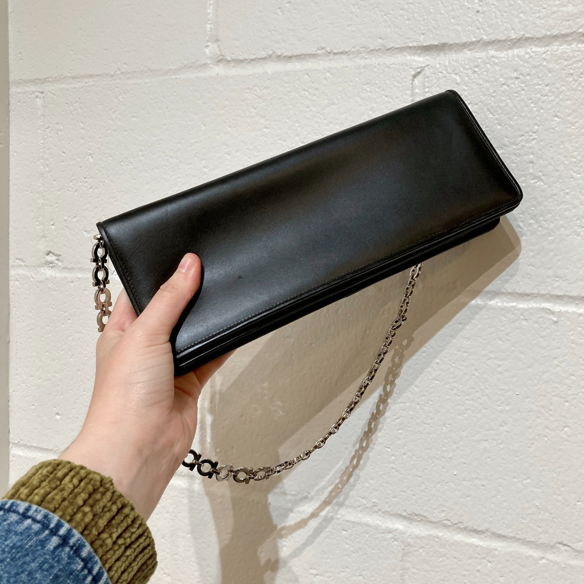 Salvatore Ferragamo Black Smooth Leather Chain Strap Clutch Purse - 0210AM