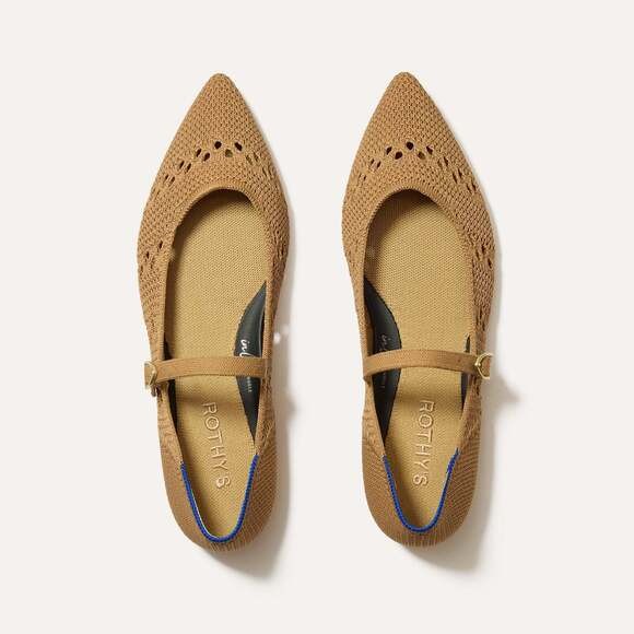 Rothy's Wren Tan Crochet Mary Jane II Point Flats - Sz 7.5 - NEW w/ Box - 1125EA