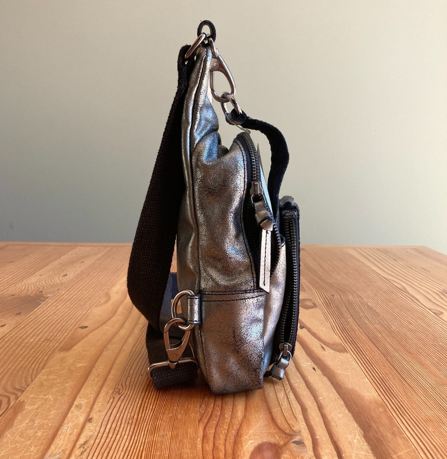 Free People Gunmetal Metallic Leather Hudson Sling Crossbody Bag - 0425SV