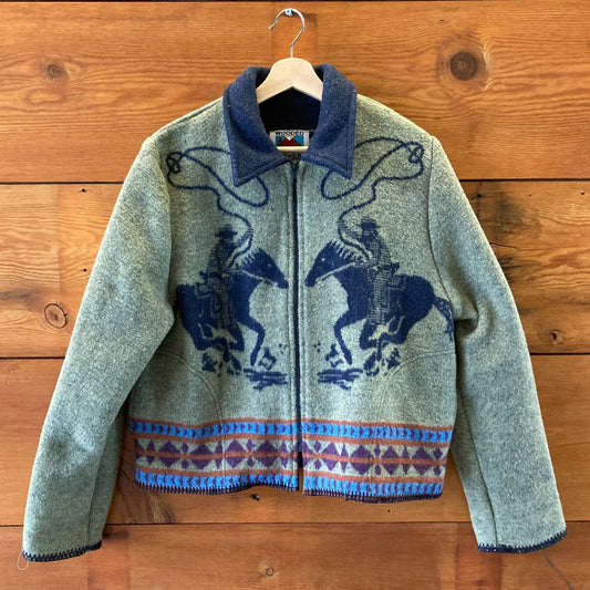Wooden River Vintage Green Cowboy Horse Print Wool Jacket - Size M - 0312IG