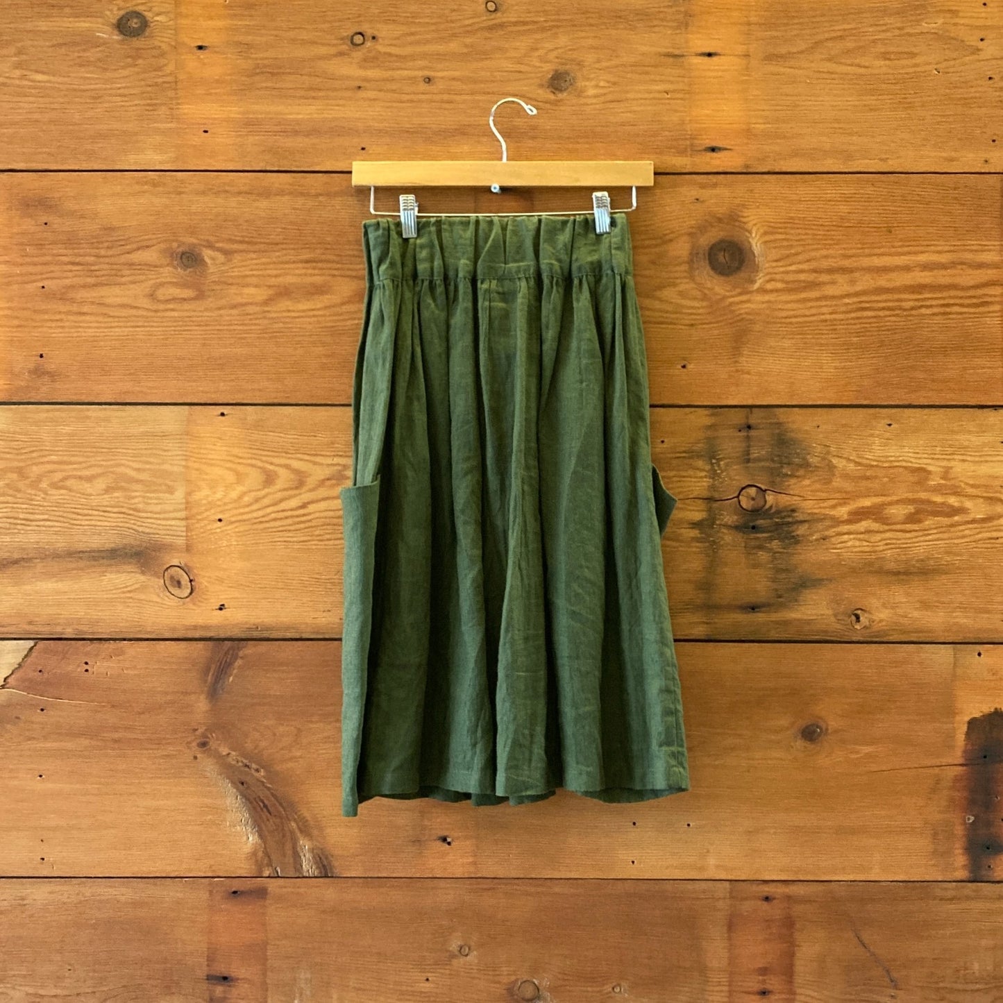 XS - Sand Snow Green 100% Linen Elastic Waist Lagenlook Skirt 0818LS
