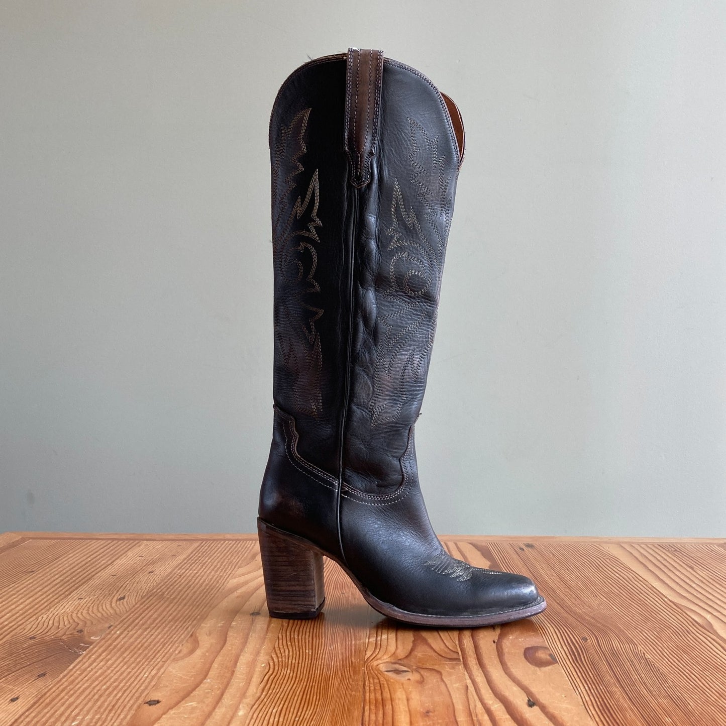 9 - Freebird Black Leather Embroidered Heeled Panama Knee High Boots 0628AC