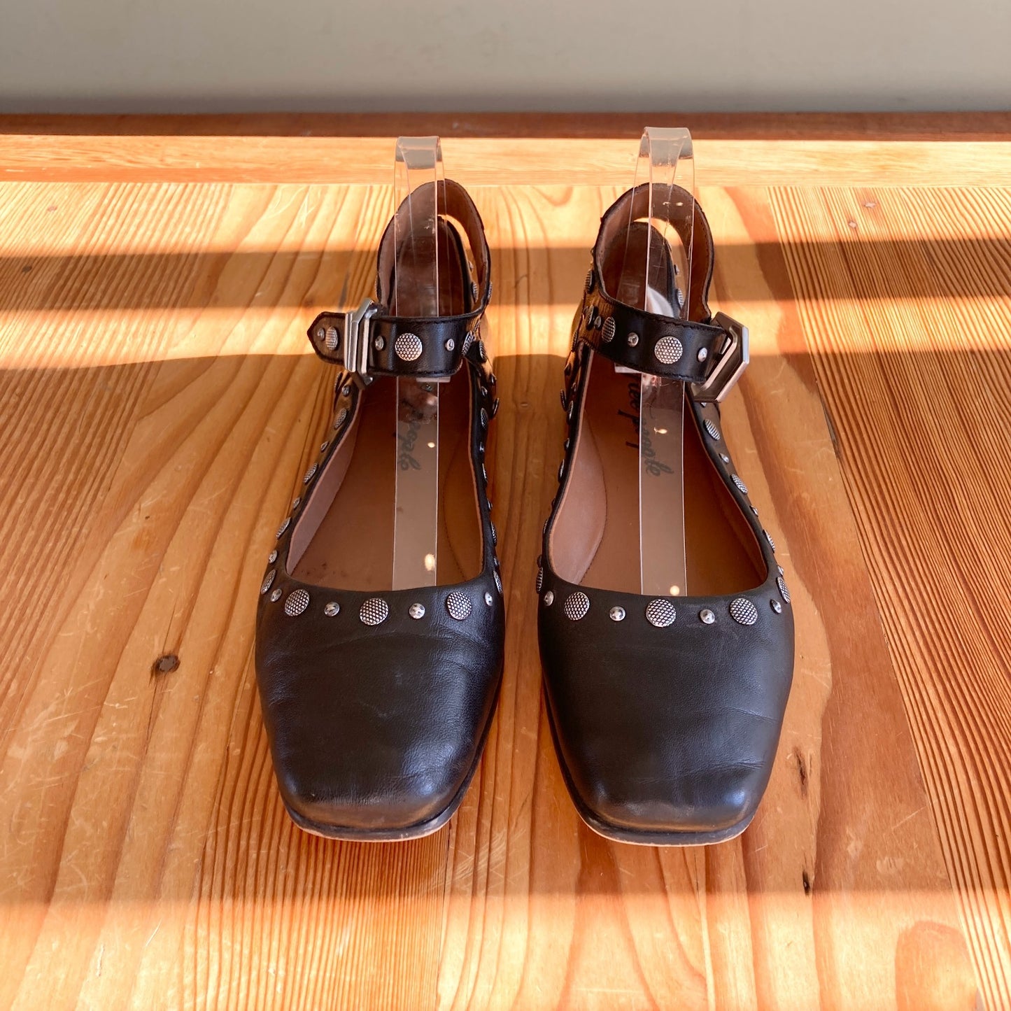 38.5 - Free People Black Leather Silver Studded Mystic Mary Jane Flats 0603AG