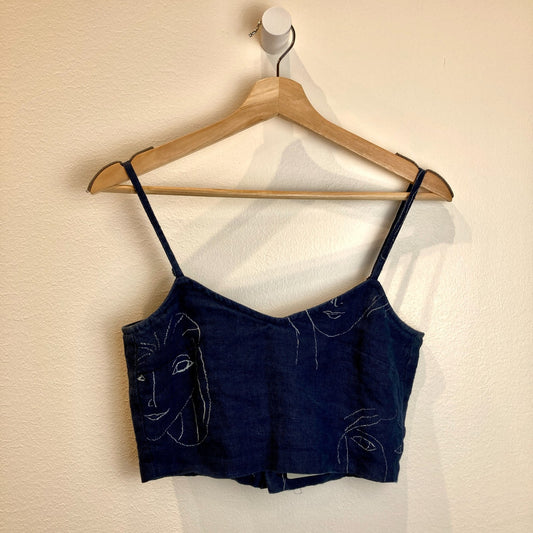Paloma Wool Blue Illustrated Faces Print Crop Top Tank - Size 34 / XS - 0312IG