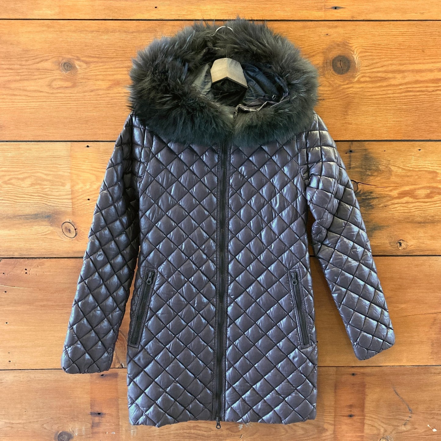 38/M - Duvetica Gray Quilted Down Insulated Raccoon Fur Trim Hooded Coat 0123MP